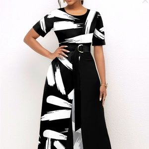 Pocket Brush Stroke Print Belted Black Jumpsuit